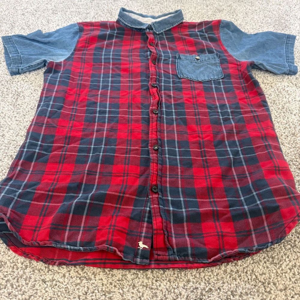 Mens L XL Plaid Flannel Denim Short Sleeve Button Shirt westernβ indie
